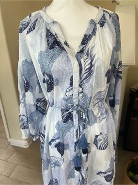 Tommy Bahama Light Blue & Navy sea shells & coral lightweight cotton dress  S/P